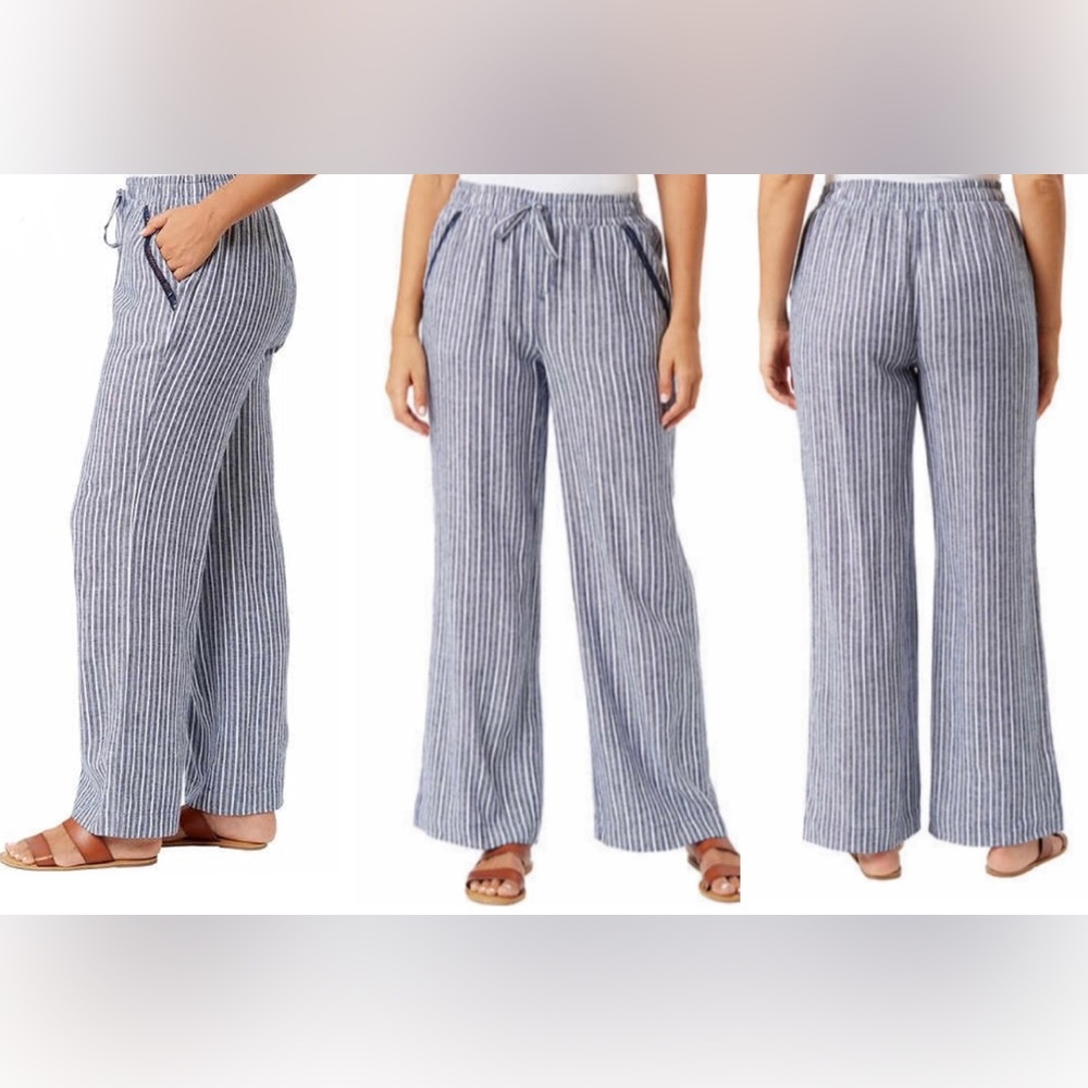 Briggs, cotton/linen blend lounge/palazzo pants blue/white striped.